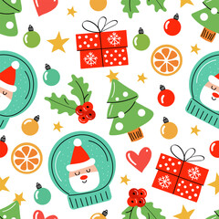 Seamless pattern with Christmas elements: Santa Claus in snow globe, Christmas trees, gift boxes, holly leaves with red berries, stars, Christmas tree balls, citrus slices. Vector illustration.