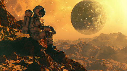 An astronaut in a spacesuit on the surface of an uncharted planet. AI Generated