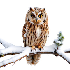 Fototapeta premium Long-eared Owl Perched on Snowy Branch, Isolated on White Background, Owl, Bird, Winter, Nature