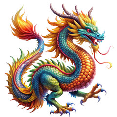 Rainbow Dragon Illustration, isolated on white background, digital painting, chinese mythology, mythical creature, dragon art, fantasy dragon