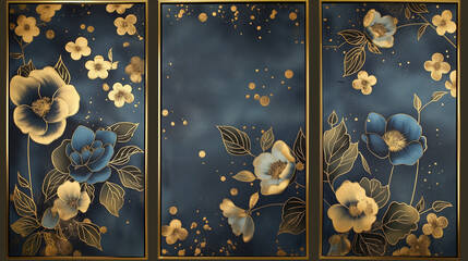 gold and blue set of three triptych set wall art floral design