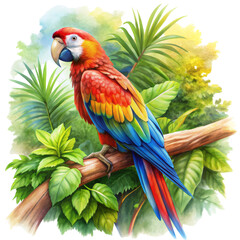 Fototapeta premium Scarlet Macaw Perched on a Branch, Watercolor Illustration, Isolated on White Background, macaw, bird, tropical, parrot, jungle, watercolor