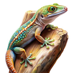 Naklejka premium Vibrant Green Gecko on Branch, Isolated on White Background, Reptile, Animal, Wildlife, Lizard