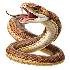 Fototapeta premium Venomous Snake with Fangs Out, Digital Illustration, Brown and Yellow Scales, Isolated on White Background, snake, reptile, danger, venomous