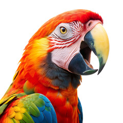 Obraz premium Vibrant Scarlet Macaw Parrot Head Close-up, Isolated on White Background, Bird, Animal, Nature, Tropical, Colorful