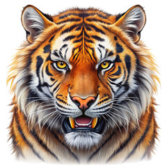 Naklejka premium Tiger Head Portrait - Fierce Predator with Open Mouth and Yellow Eyes, Isolated on White Background, tiger, predator, animal, wild, animal portrait