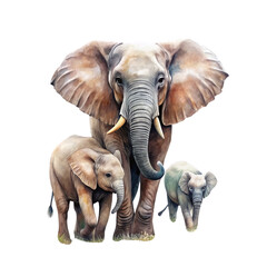 Fototapeta premium Watercolor Illustration of a Mother Elephant and Her Two Calves Isolated on White Background, watercolor painting, elephant family, african elephant, wild animal