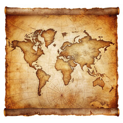 Vintage World Map on Old Parchment Scroll, Isolated on White Background, world map, vintage map, ancient map, parchment scroll