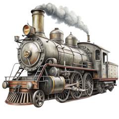 Naklejka premium Vintage Steam Locomotive with Smoke Watercolor Illustration Isolated on White Background, Train , Watercolor , Transportation , Vintage