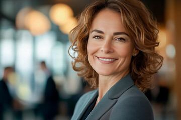 Fototapeta premium Confident and smiling middle-aged businesswoman with curly hair is dressed in professional suit, standing in modern office environment with blurred background
