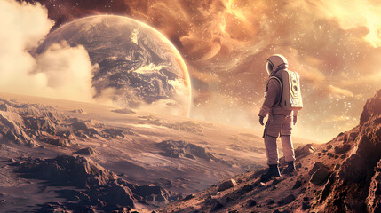 Fototapeta premium An astronaut in a spacesuit on the surface of an uncharted planet. AI Generated