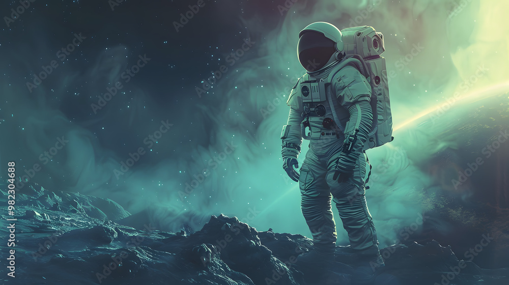 Wall mural An astronaut in a spacesuit on the surface of an uncharted planet. AI Generated