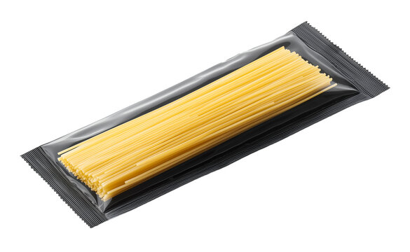 Package mockup of spaghetti in transparent plastic wrapper, showcasing neatly arranged pasta, food packaging