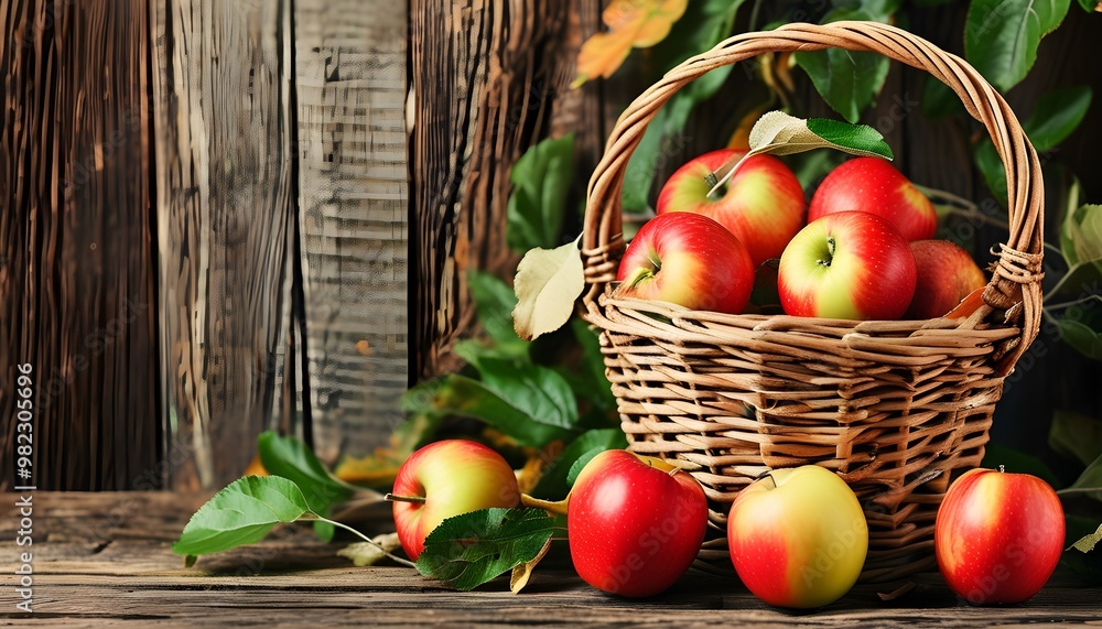 Canvas Prints nostalgic display of apples in a rustic basket on wooden backdrop with leaves, celebrating farm fres