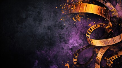 Naklejka premium Golden film reels on purple textured background