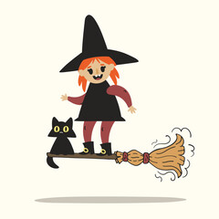cute little witch with orange hair, dressed in black witch hat flying on broomstick with black cat sits on the broom. Vector simple cartoon illustration