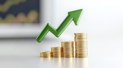 A striking image of a green upward arrow symbolizing growth above stacked gold coins, representing financial success and investment.