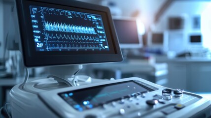 Medical diagnostic equipment displaying patient vitals on screen in hospital setting