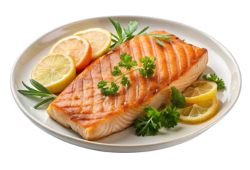 Grilled salmon with lemon slices isolated with transparent background.