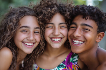 Fototapeta premium Close-Up of Three Smiling Friends with Curly Hair Enjoying Time Together