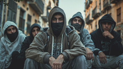 Group of young men in urban setting, wearing hoodies and face coverings. Intense gazes directed at camera. Problems with young maghrebians inmigrants and criminality in european countries