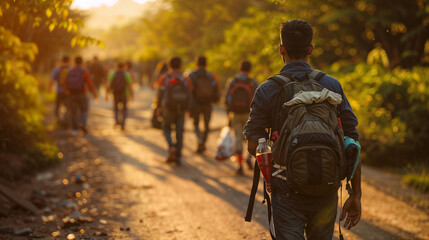 Fototapeta premium Migrants walking on rural path. Diverse group with backpacks advances under golden sunset light. Lush vegetation surrounds the trail with the back of blurred inmigrants