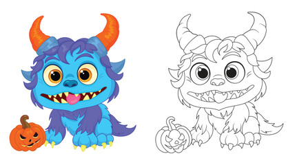 Cute monster halloween pumpkin kids illustration coloring book