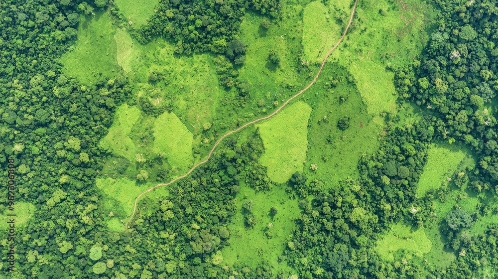 Poster a satellite view of a forest with large patches of deforested areas