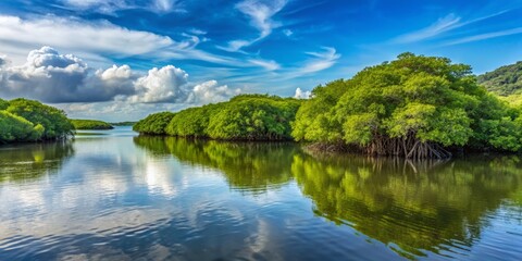 Obraz premium Mangrove trees stretch towards the sky, their tangled roots flowing like a verdant snake through the waters, a