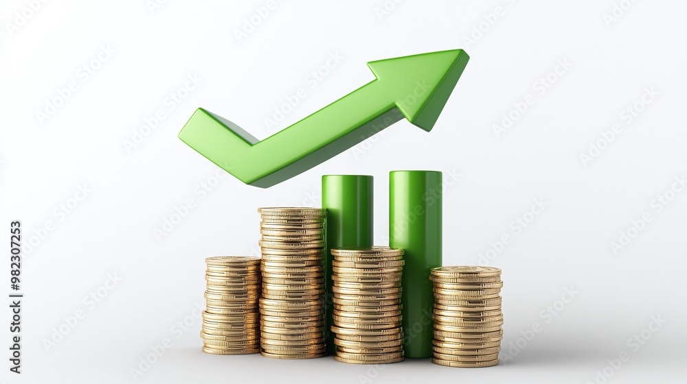 Poster a visual representation of financial growth, showing coins stacked with an upward arrow indicating p