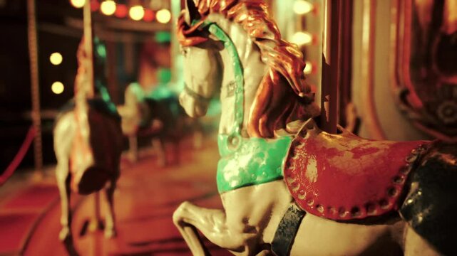 The amusement park lies silent under the night sky, illuminated by soft lights. The vintage carousel stands still, showcasing ornate horses, creating an eerie yet enchanting atmosphere.