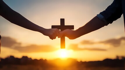 Help hand concept on sunset and cross background.