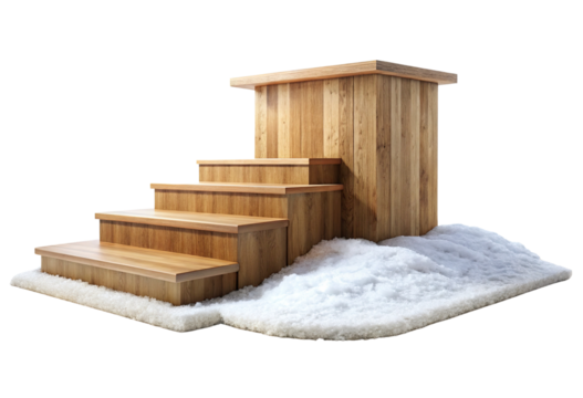 Wooden steps covered in snow isolated with transparent background.