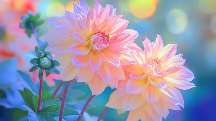 Obraz premium Two delicate pink and yellow dahlias with a blurred background.