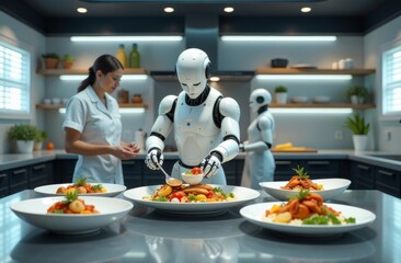 Naklejka premium A housekeeper robot cooks food in the kitchen. The joint life of humans and artificial intelligence.