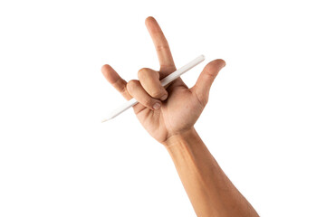 Male hand holding an smart pencil and doing the rock sign isolated no background
