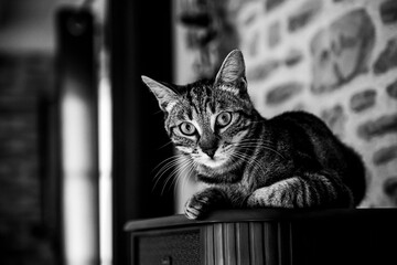 Portrait d'un jeune chat tigré gris allongé sur un meuble dans la maison