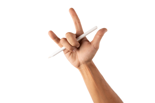 Male hand holding an smart pencil and doing the rock sign isolated no background