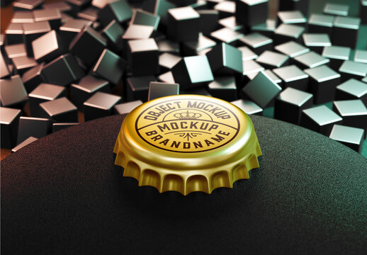 Scene with Metal Bottle Cap and 3D Cubes Mockup