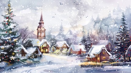 Fototapeta premium Watercolor winter landscape. Hand painted christmas forest with cozy houses, fir tree, snow, snowflakes. New year forest. illustration for card design, print. Landscape