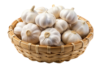 Basket of garlic bulbs isolated with transparent background.