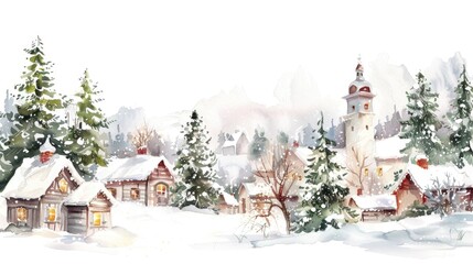 Watercolor winter landscape. Hand painted christmas forest with cozy houses, fir tree, snow, snowflakes. New year forest. illustration for card design, print. Landscape