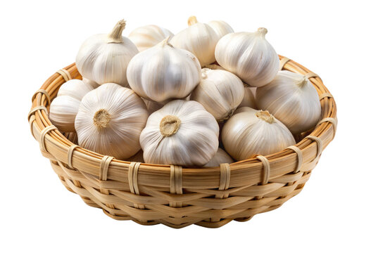 Basket of garlic bulbs isolated with transparent background.