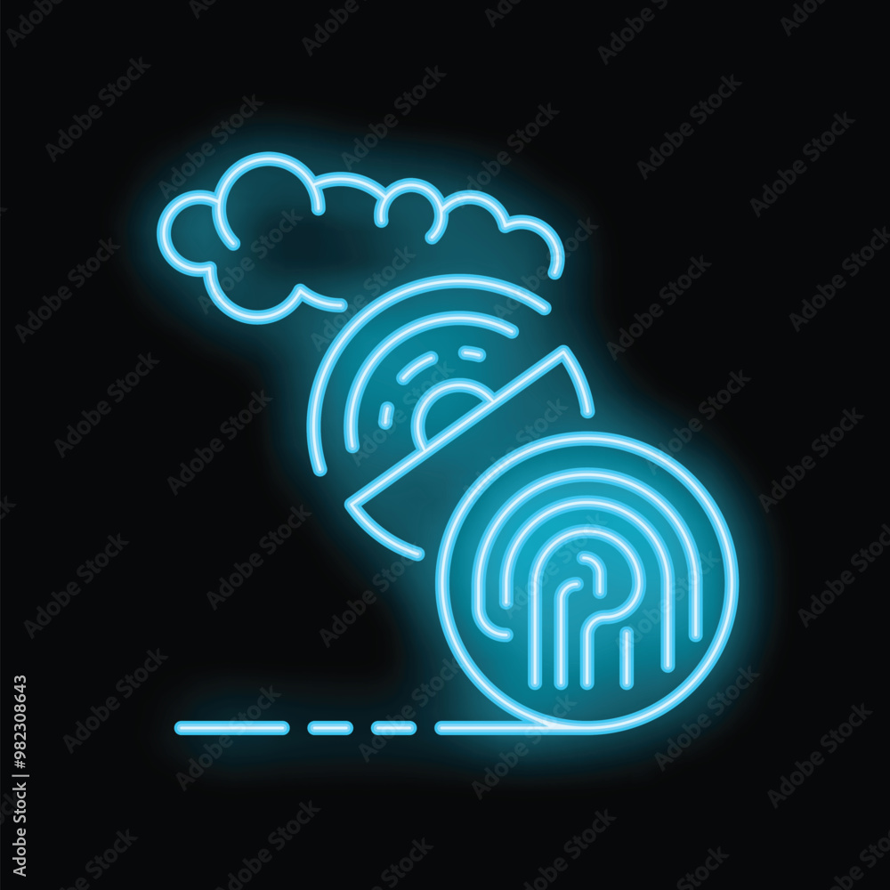 Poster blue neon icon representing cloud computing and data protection with a fingerprint, symbolizing cybe