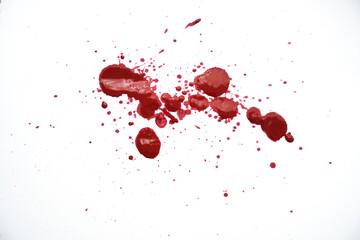 Blood splatters on white background. Red blots of watercolor Realistic bloody splatters for Halloween Drop of blood