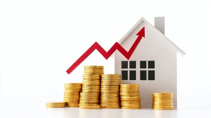 Concept of real estate investment showing a house with rising graph and stacks of coins, symbolizing growth in property value. Real estate and property crisis concept.