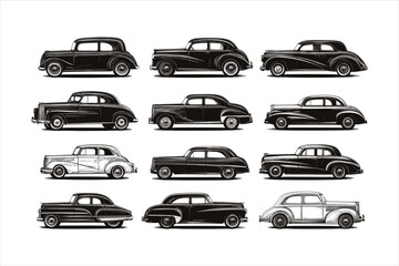 Several vintage cars are shown in a row in front of a city generative ai