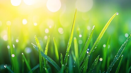Fototapeta premium Close-up of Dew-Covered Grass Blades with a Soft, Blurred Background