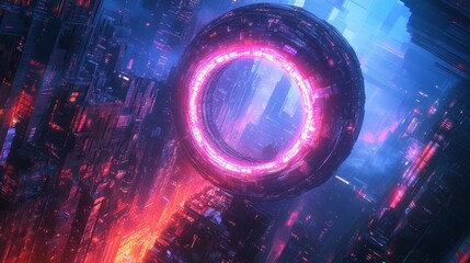 Fototapeta premium A futuristic circular glass building, reflecting neon lights, surrounded by towering skyscrapers in a glowing cityscape at night, Cyberpunk, Digital Art, Blue and Purple hues