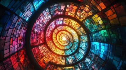 A futuristic dome-shaped building with stained-glass windows glowing in vibrant hues, the intricate glasswork forming a mesmerizing circular pattern of abstract art
